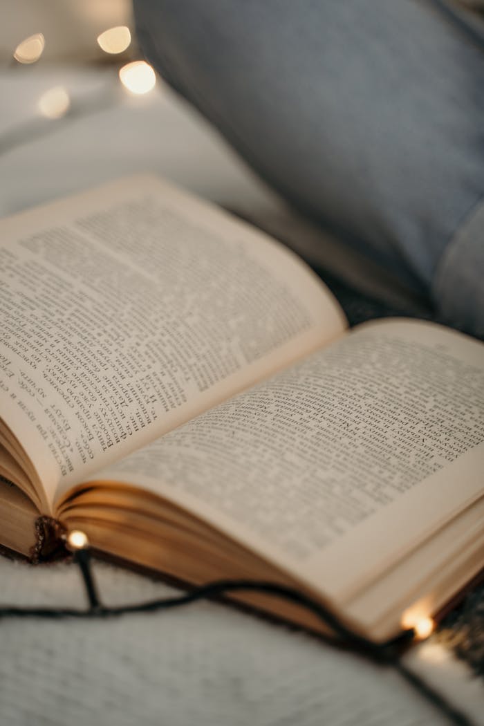 Open book with warm string lights, capturing a cozy atmosphere for reading.